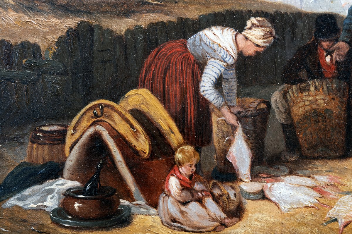 Famille de pêcheurs à l’entrée d’un port  – Huile sur toile – Signée – vers 1850-photo-2
