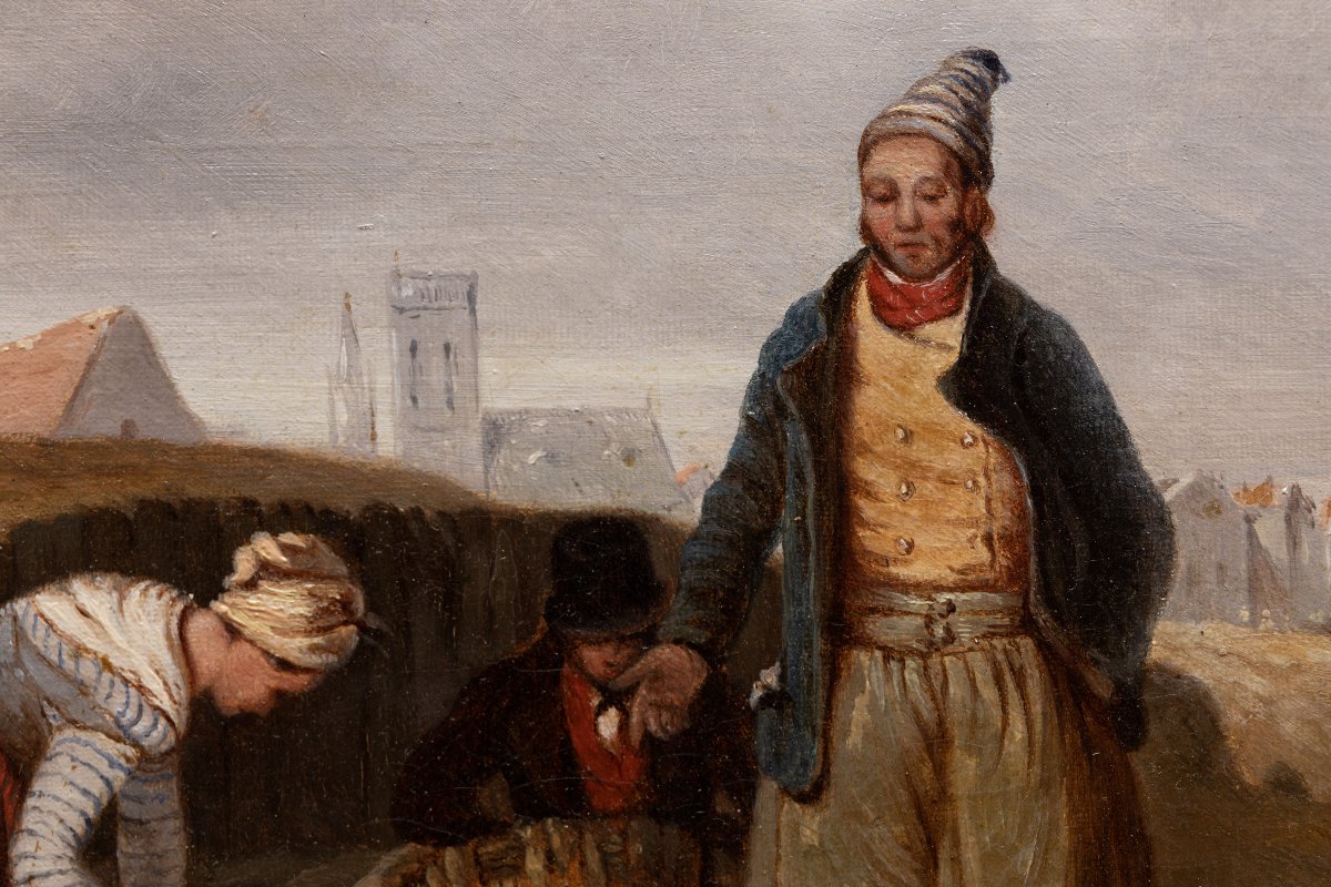 Famille de pêcheurs à l’entrée d’un port  – Huile sur toile – Signée – vers 1850-photo-3