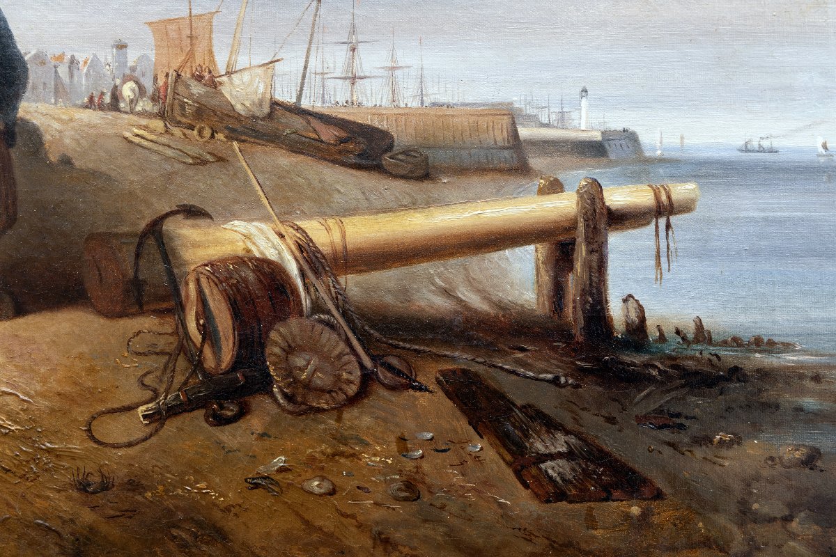 Famille de pêcheurs à l’entrée d’un port  – Huile sur toile – Signée – vers 1850-photo-4