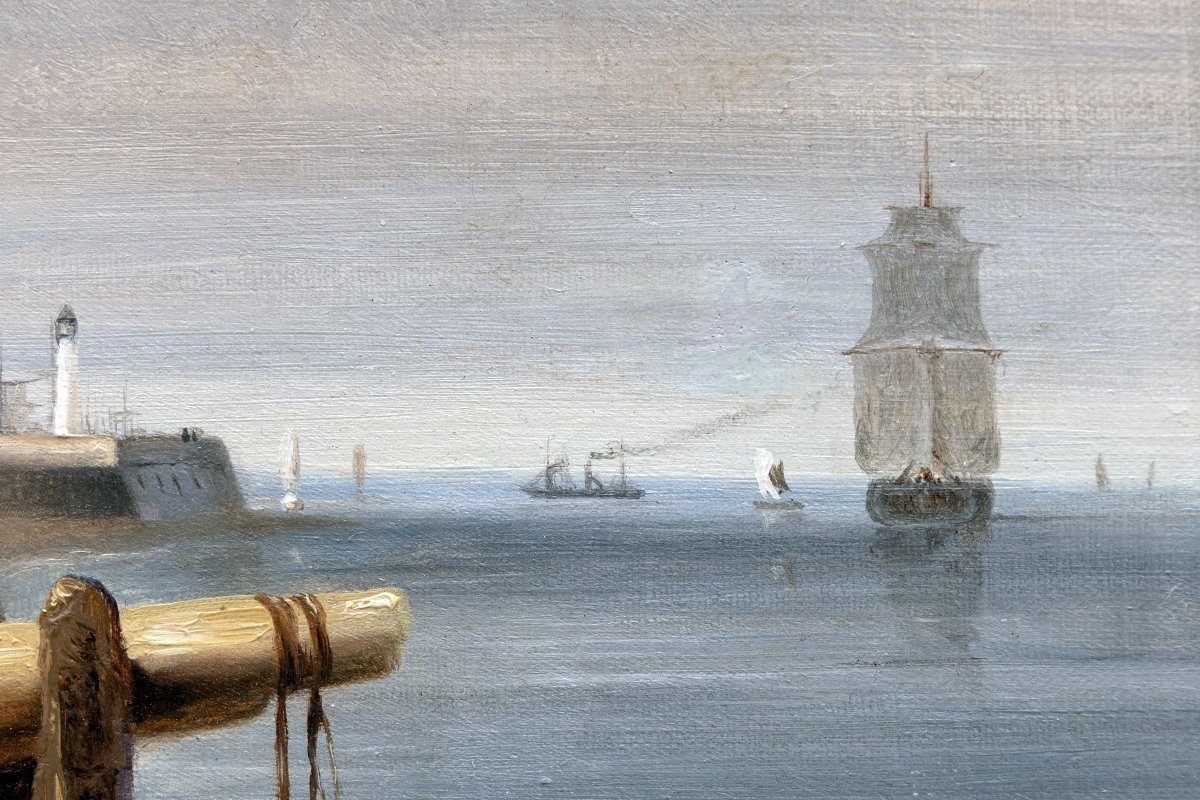 Famille de pêcheurs à l’entrée d’un port  – Huile sur toile – Signée – vers 1850-photo-5