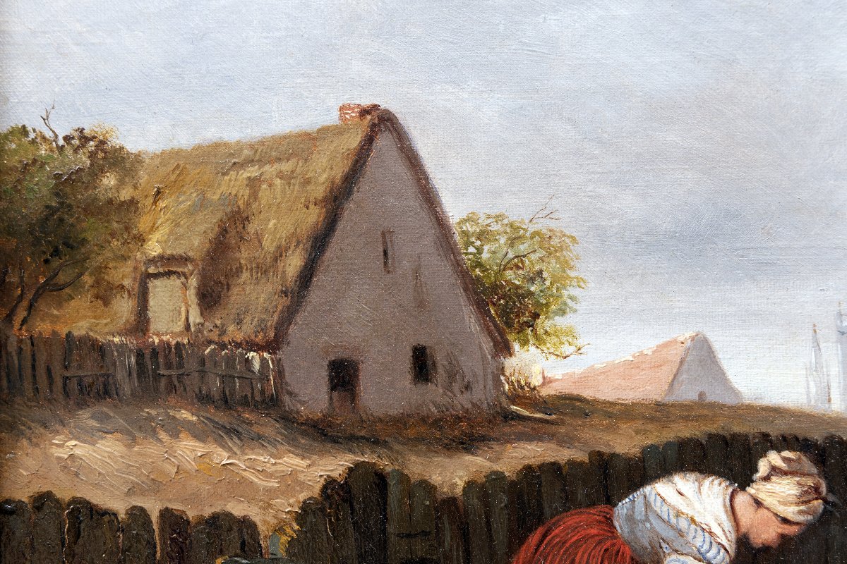 Famille de pêcheurs à l’entrée d’un port  – Huile sur toile – Signée – vers 1850-photo-6