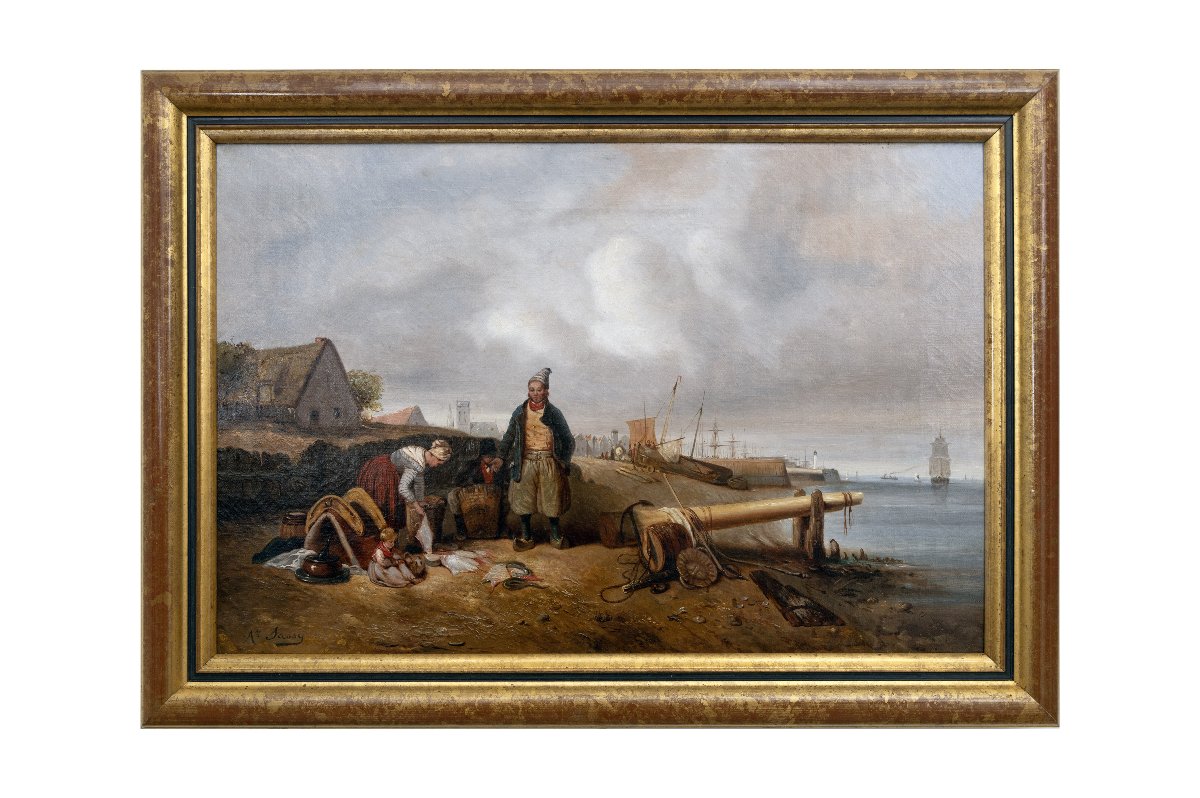 Famille de pêcheurs à l’entrée d’un port  – Huile sur toile – Signée – vers 1850-photo-7