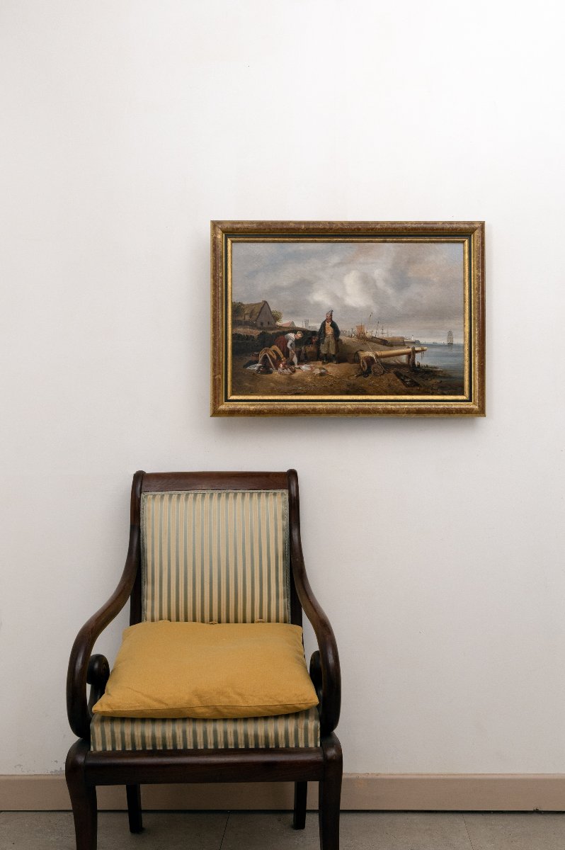 Famille de pêcheurs à l’entrée d’un port  – Huile sur toile – Signée – vers 1850-photo-8