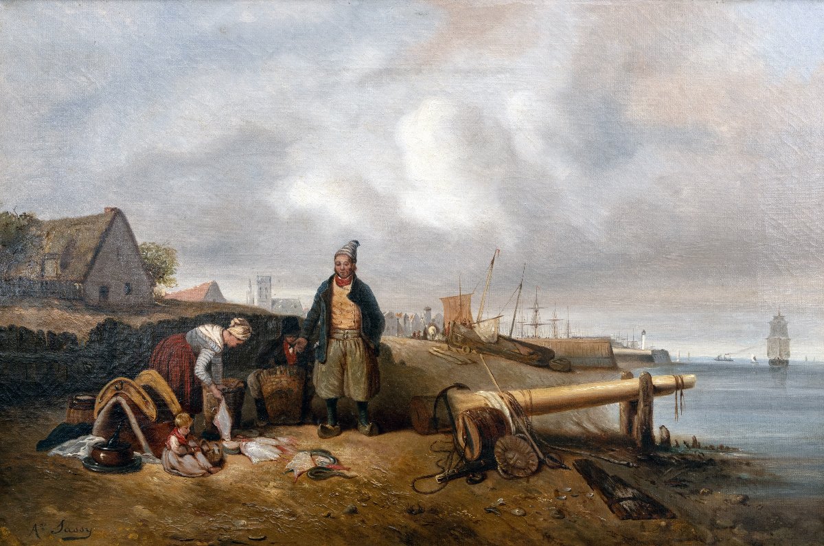 Famille de pêcheurs à l’entrée d’un port  – Huile sur toile – Signée – vers 1850