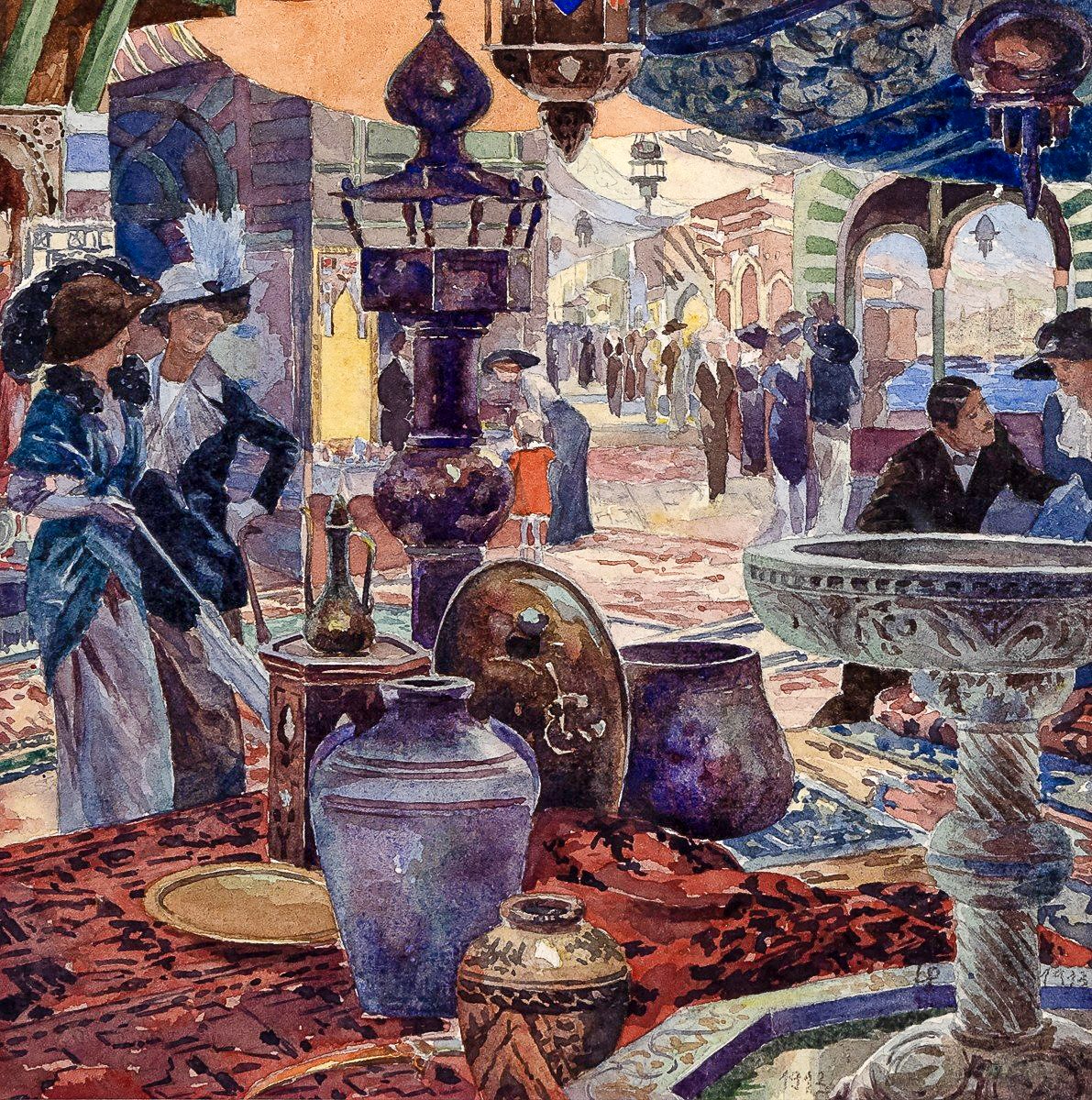 Marché oriental à l’Exposition universelle de Gand (Belgique), 1913 – Aquarelle datée