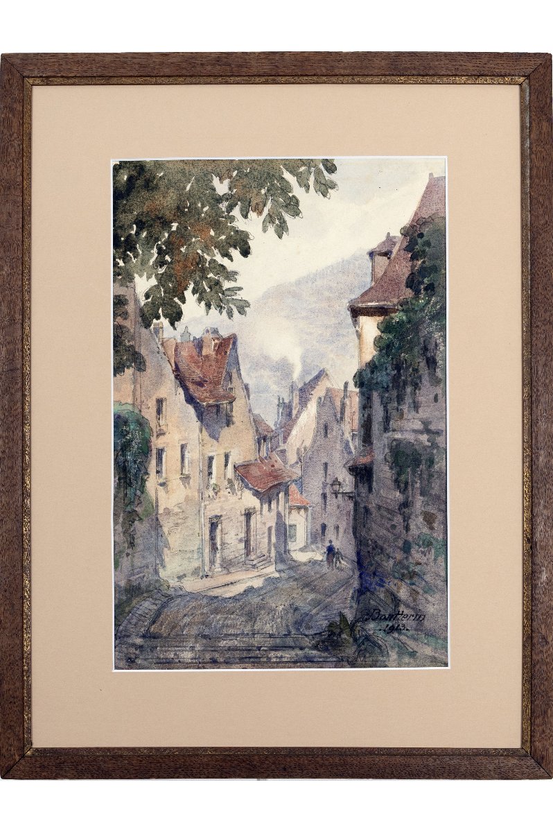 Maurice Boutterin - Sloping Street In A Village - Watercolor - Signed And Dated 1913-photo-2
