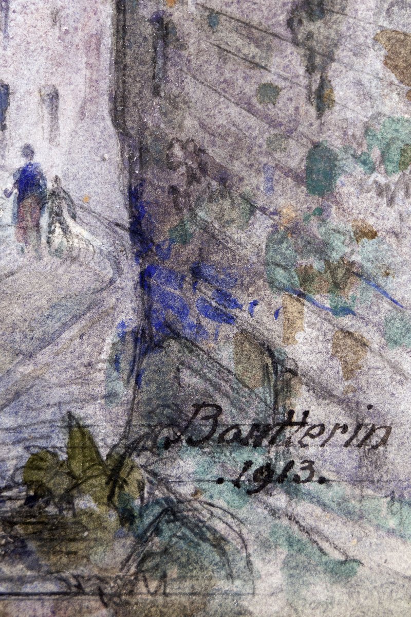 Maurice Boutterin - Sloping Street In A Village - Watercolor - Signed And Dated 1913-photo-3