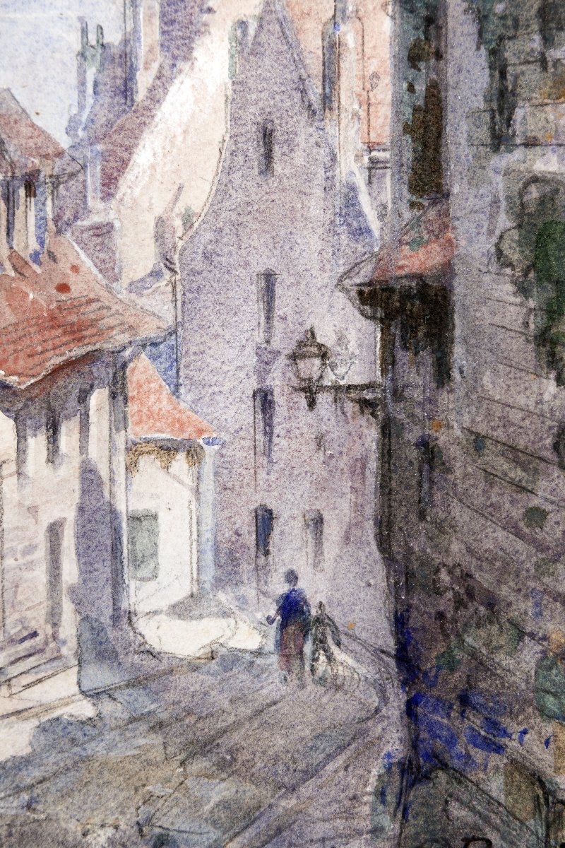 Maurice Boutterin - Sloping Street In A Village - Watercolor - Signed And Dated 1913-photo-2