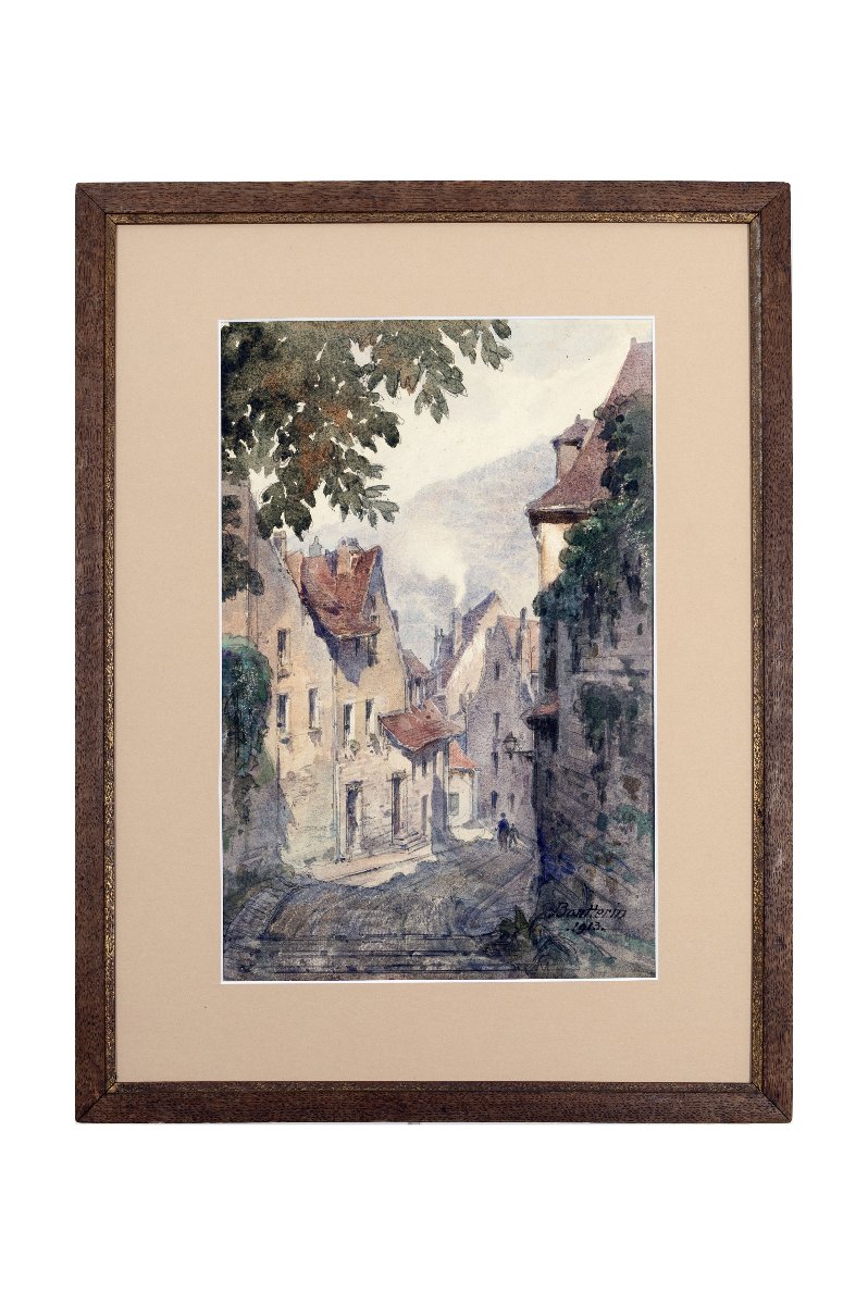 Maurice Boutterin - Sloping Street In A Village - Watercolor - Signed And Dated 1913-photo-6
