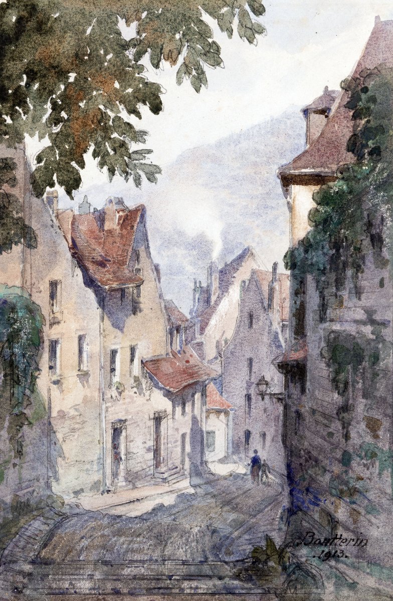 Maurice Boutterin - Sloping Street In A Village - Watercolor - Signed And Dated 1913
