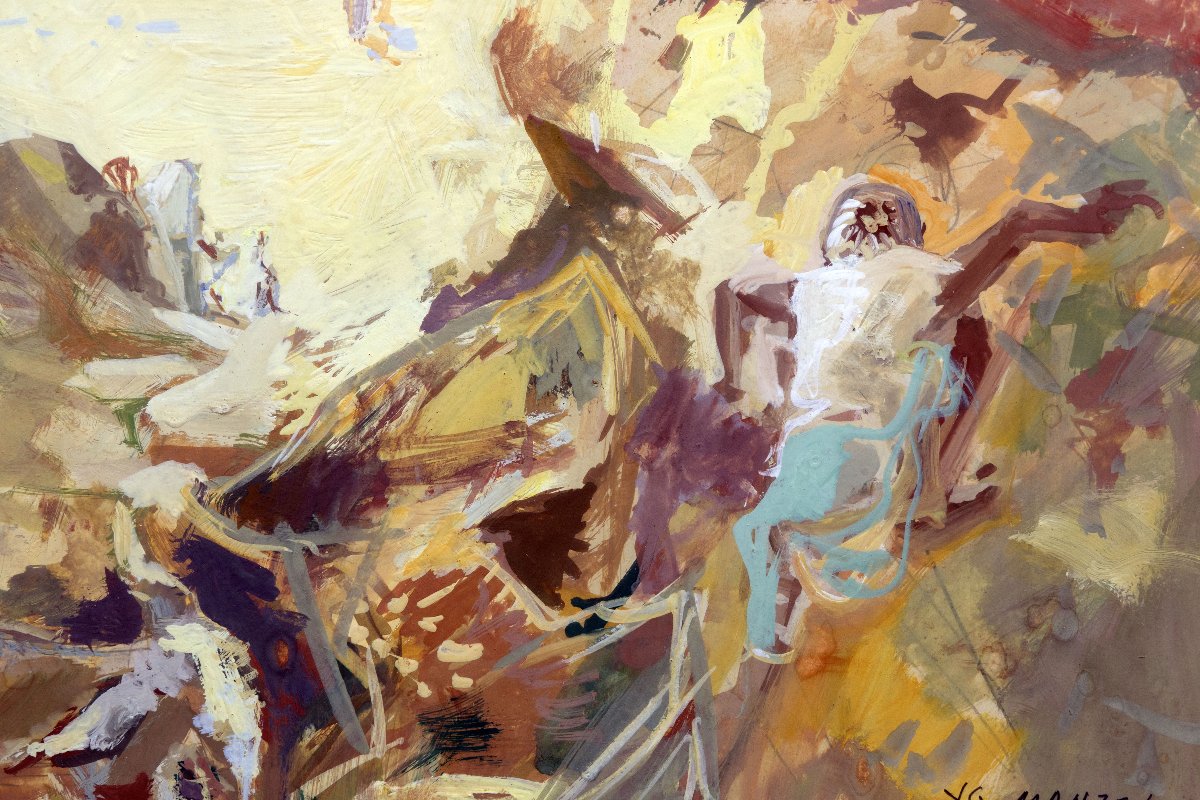 Jean Gaston MANTEL – Scène de plage au Maroc  – Gouache – Signée et datée 1950-photo-1
