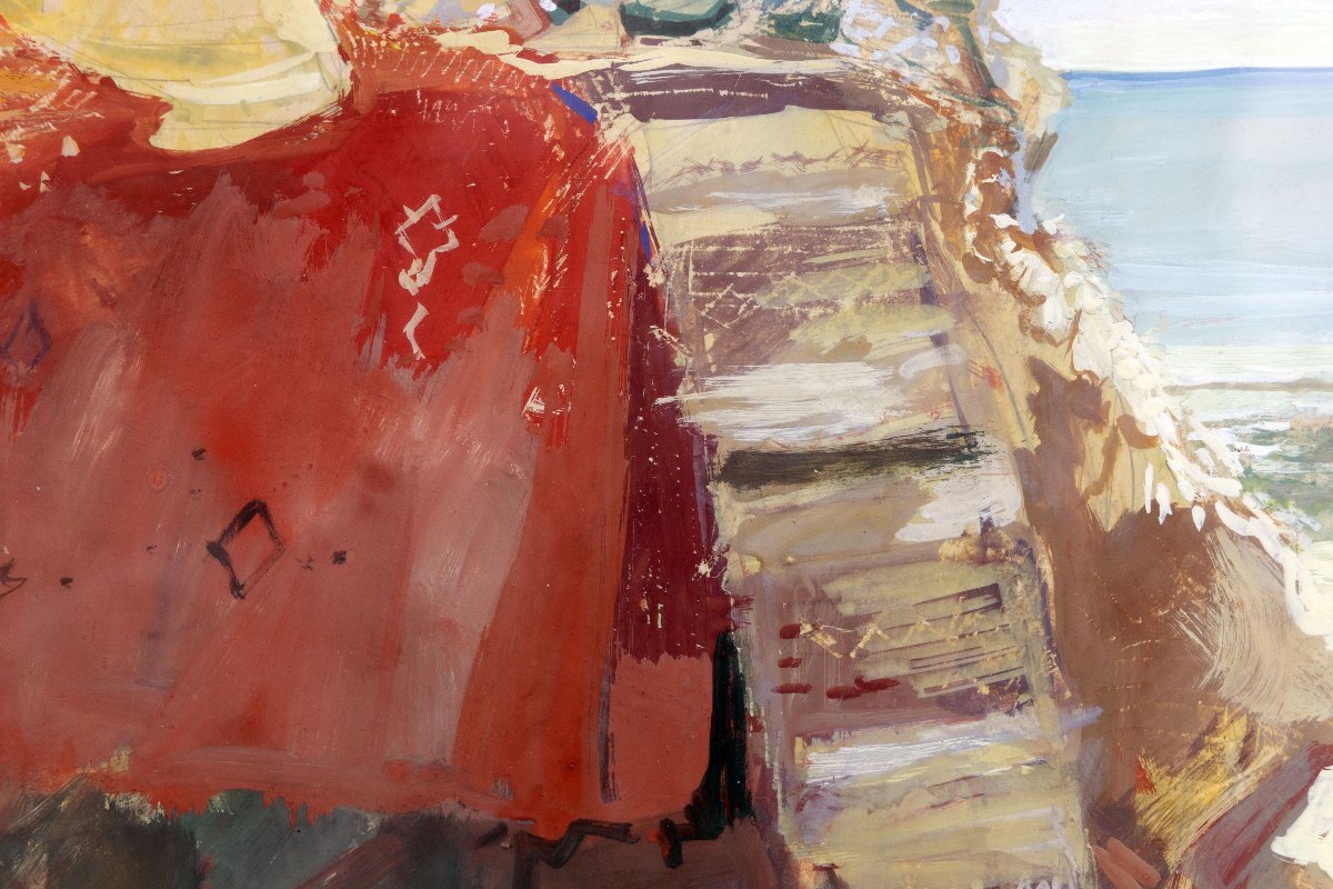 Jean Gaston MANTEL – Scène de plage au Maroc  – Gouache – Signée et datée 1950-photo-4