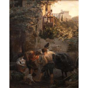 Italie - Scène Animée De Village Italien - Signé G. Visone – Daté 1836
