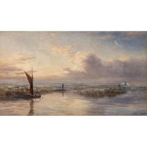 Aquarelle anglaise - C. Pyne - Barque Au Crépuscule Dans Les Marais - Fin XIXe Siècle