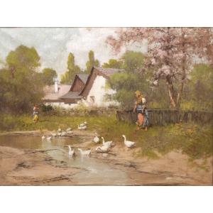 Hungary - Neogrady Laszlo  - Lively Country Scene With Women And Geese – Late 19th – Early 20th