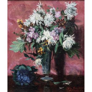 Bouquet On Red Background – Oil On Canvas – Signed – 1873