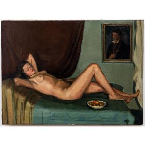  Female Nude With Fruit Bowl – Oil On Canvas – Signed – 1947