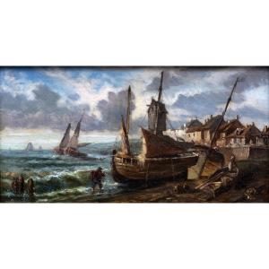 Isabey Eugène (1803 – 1886) – Marine: Sailboats In Port – Oil On Panel