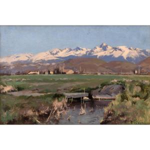Henri Bellet – Les Alpes depuis la plaine de Grenoble – Huile sur toile – Signé et daté