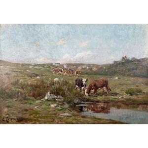 Clovis TERRAIRE (1858 – 1931) – Vaches au bord de la mare – Signé 