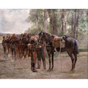 Scène militaire - Jules DELAUNAY – Régiment de cavalerie en campagne – Huile sur toile - Signée