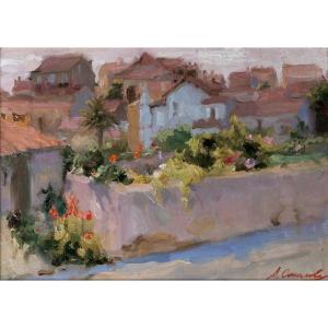 Anastassia SOKOLOVA – Vue de village, sud de France – Huile sur toile – Signée - XXe