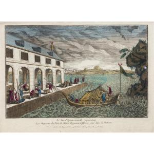 Vue d’optique – Les magasins du port de Maroc -  XVIIIe s. - Graveur : Huquier