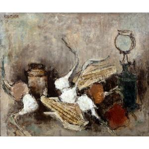 Joseph Raumann -  Nature morte avec ail et mais – Huile sur panneau - Signée