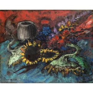 Louis Amalvy – Fleurs et Tournesols – Huile sur toile – Signée et datée 1964