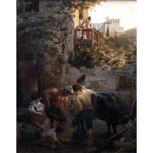 Giuseppe Visone – Lively Scene In A Village – Oil On Canvas – Signed And Dated 1836