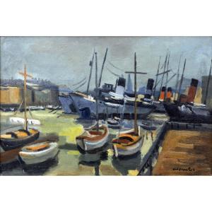 Antoine Chartres – Bateaux à quai – Huile sur toile -  XXe - Signée