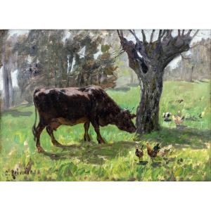 Clovis TERRAIRE – Vache et poules dans un pré – Huile sur toile – Signée 