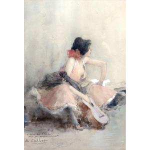 Antoine CALBET – La joueuse de guitare + Repos en forêt – Aquarelles - Signées