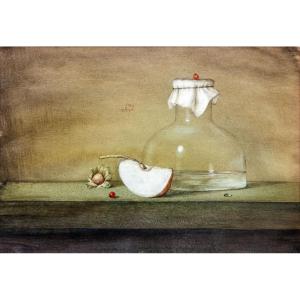 Nature morte en trompe-l'oeil : Pomme, noisette, groseilles et verre - Aquarelle