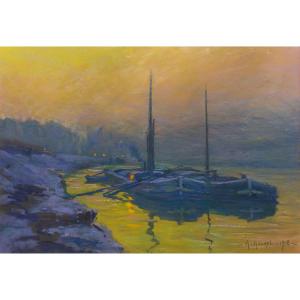 Claude Honoré Hugrel – The Barges (winter Evening) – Tempera And Pastel – Signed And Dated 1918