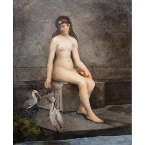 Henri de GAUDEMARIS – Jeune femme aux bains avec ibis – Huile sur panneau – fin XIXe
