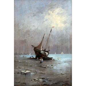 Lamois - Seascape At Low Tide With Beached Boat – Oil On Panel – Signed 