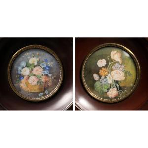 Paire de miniatures – Compositions florales – Monogrammées