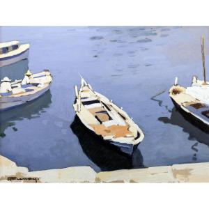 François Frenay - Boats In The Port – Gouache - Signed 