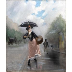Théodore LÉVIGNE – Élégante sous la pluie -  Huile sur toile – Signée 