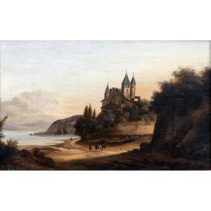 Pierre-Nicolas WÉRY – Paysage fluvial au château – Huile sur toile – Début XIXe