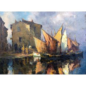 Charles Cermak – Sailboats In The Harbor – Oil On Canvas – Signed