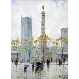 Ernest Berthier - Place Du Châtelet, Paris - Watercolor - Signed