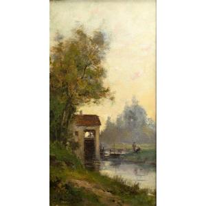 E. MARINO – Crépuscule sur la rivière au moulin – Huile sur toile – Signée