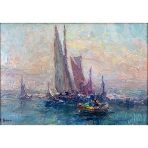 Primitif BONO – Barques de pêche par temps calme – Huile sur carton – Signée