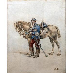 Edouard Detaille - Cavalier Du Second Hussard - Watercolor - Monogrammed - About 1890