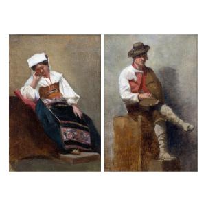 Paire d’études de paysans italiens en costumes traditionnels – Huiles sur toile – XIXe