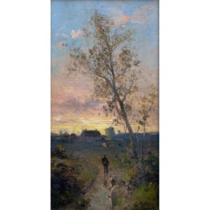 E. MARINO – Retour des champs au soleil couchant – Huile sur toile – Signée 