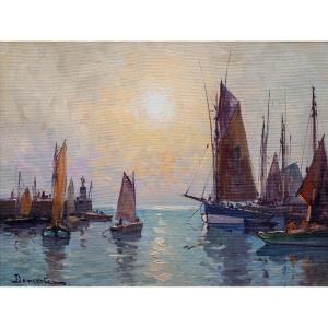 Eugene DEMESTER – Barques de pêche dans un port breton au crépuscule – Huile sur toile - Signée