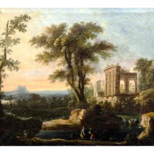 Paysage animé aux ruines antiques et à la cascade - Huile sur toile - Fin XVIIe ou début XVIII